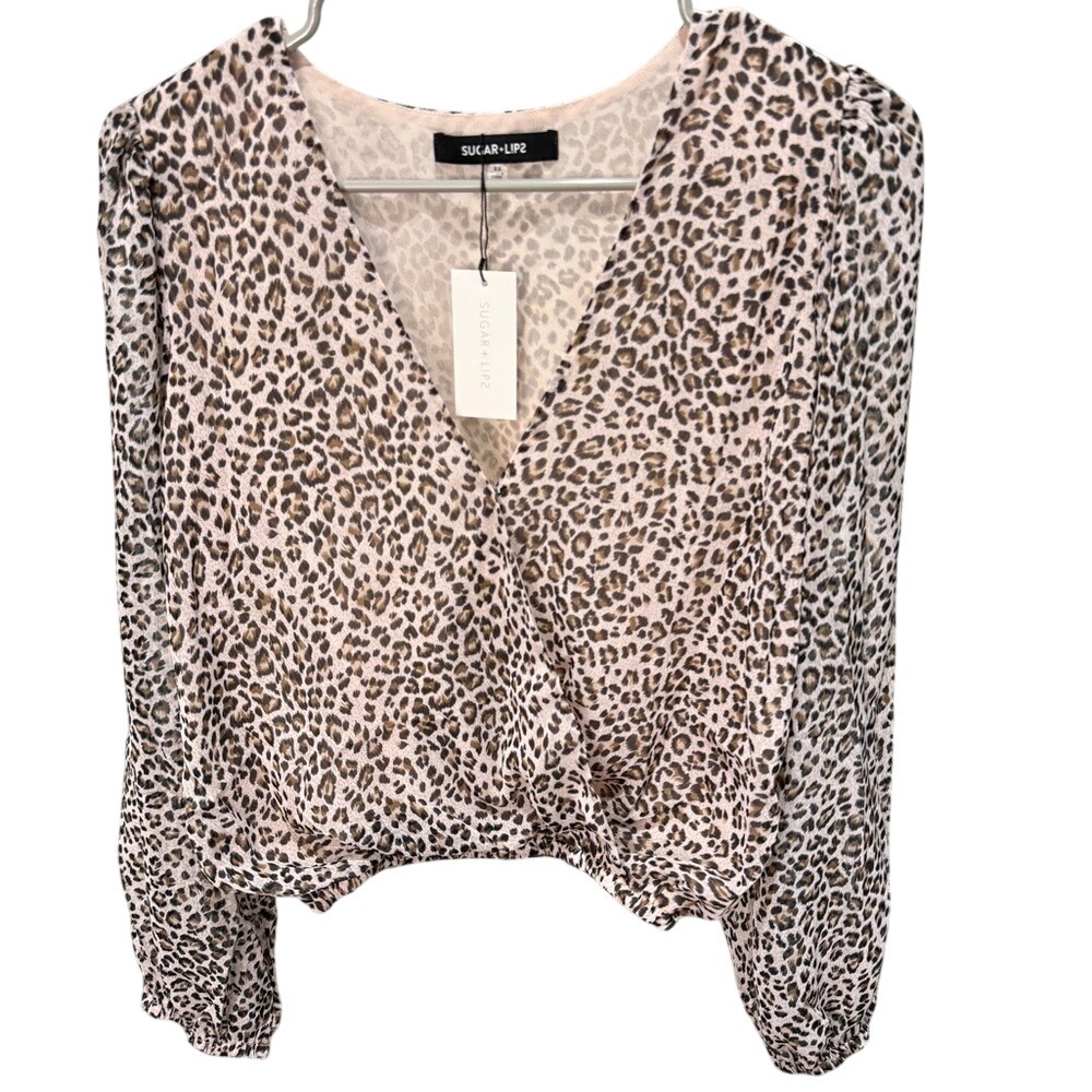 Sugar Lips Leopard Print Surplice V-Neck Long Sleeve Blouse XS Animal Print Top